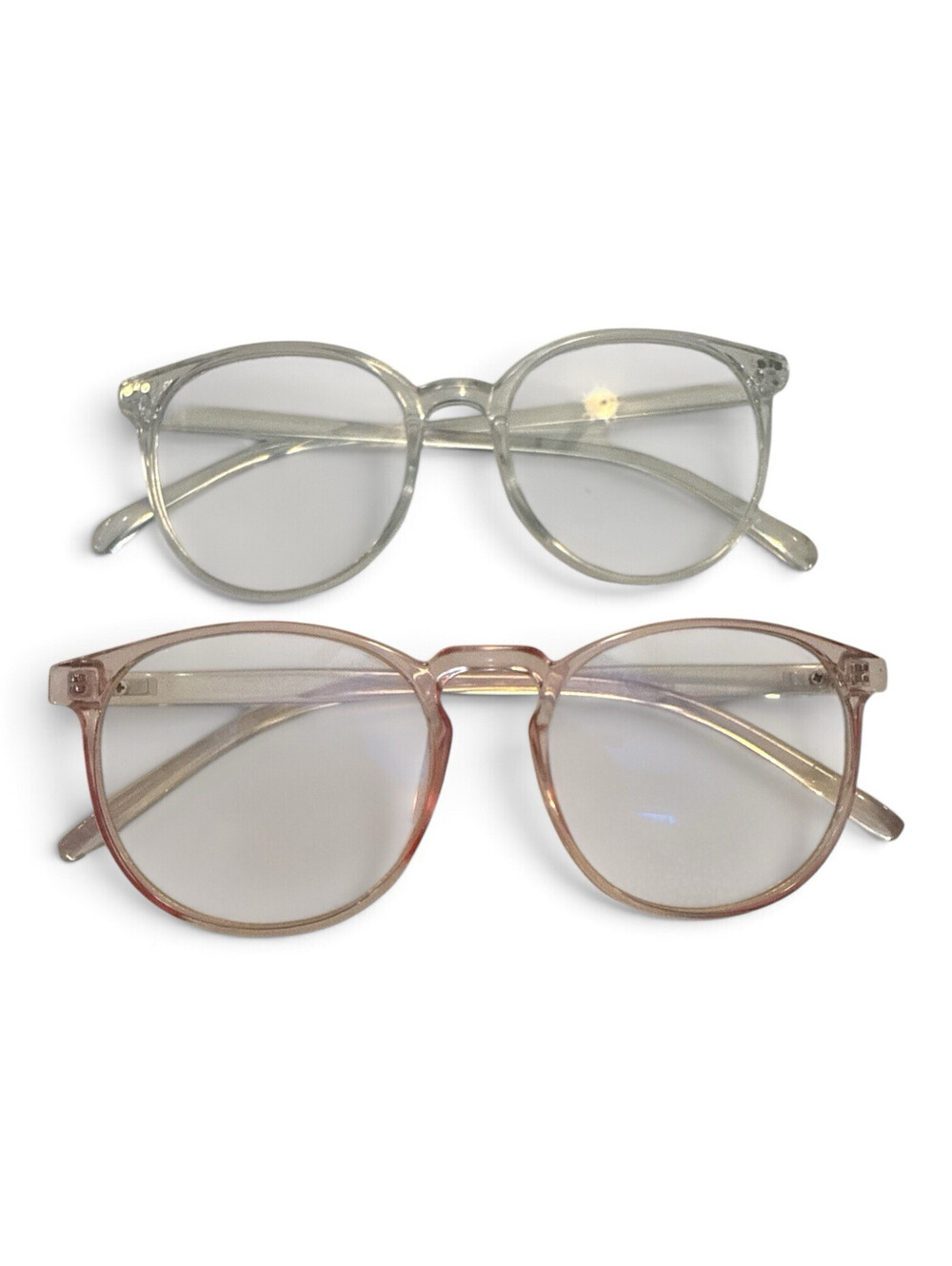 2 Pair Plastic Full Rim Eyeglass Frames - Clear Gray & Clear Pink, Unisex